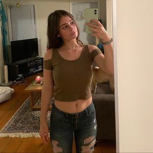 olive green off the shoulder top